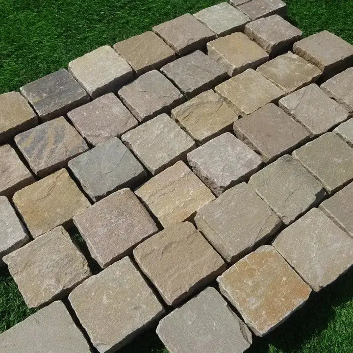 Indian sandstone Raj green cobbles setts 100 x 100 x 50
