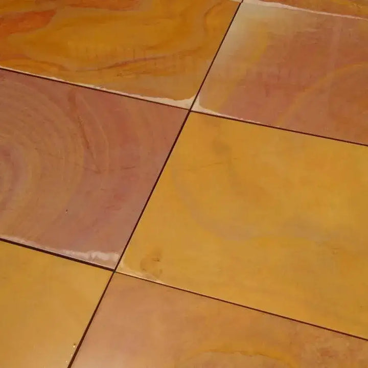 smooth Rippon buff Indian sandstone paving slabs